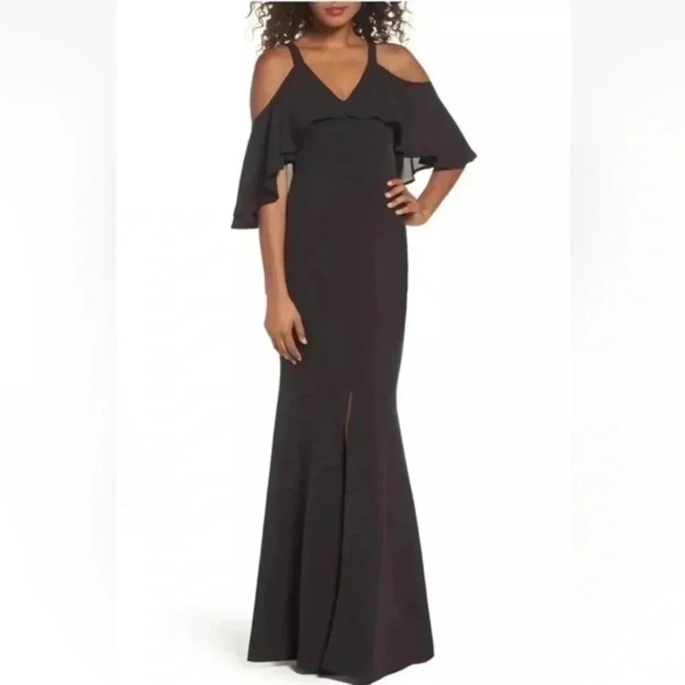 JAY GODFREY Black Flutter Chiffon Overlay Cold Shoulder Naomi Gown Dress Size 2